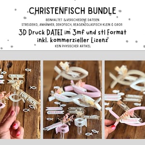 May include: The image showcases a bundle of decorative items, including fish-shaped ornaments, small test tubes, and banners. The items are in shades of white, pink, and beige, with some featuring floral accents. The text on the image reads "CHRISTENFISCH BUNDLE".