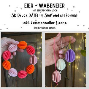 Könnte beinhalten: Bunte Papiereier-Dekorationen in verschiedenen Farben, darunter Orange, Rosa und Lila. Eines ist kreisförmig angeordnet, die anderen drei hängen. Der Text oben lautet "EIER - WABENEIER".