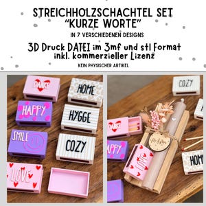 Puede incluir: Un conjunto de archivos imprimibles en 3D para cajas de cerillas titulado "KURZE WORTE" con siete diseños. Las cajas muestran textos como "DANKE", "HAPPY", "HYGGE", "SMILE", "COZY" y "LOVE" en varios colores como rosa, morado y blanco.