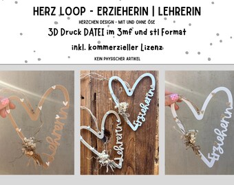 3D file heart loop kindergarten teacher | teacher - each with and without eyelet - in 3mf and stl format including commercial license