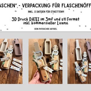 Könnte beinhalten: Flaschenöffner aus Holz mit einem beige-braunen Gehäuse, verziert mit einem kleinen Banner mit den Worten "Papa" und "Opa". Das Bild zeigt auch einen beigen Flaschenöffner und ein braunes flaschenförmiges Gehäuse. Der Text oben lautet "FLASCHEN" - VERPACKUNG FÜR FLASCHENÖFFNER".