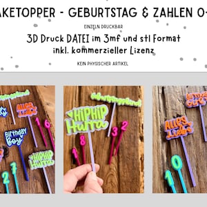 Könnte beinhalten: Eine Auswahl an bunten Kuchendekorationen mit Aufschriften wie "Happy Birthday" und Zahlen von 0-9. Die Dekorationen sind in verschiedenen Farben wie Blau, Orange und Grün gehalten und für Geburtstage gedacht.