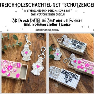 Può includere: Un set di file digitali per la stampa 3D di scatole tipo fiammiferi e ciondoli a forma di angelo. Il testo recita STREICHHOLZSCHACHTEL SET SCHUTZENGEL, SCHUTZENGEL FÜR DICH e SCHUTZENGEL TO GO. Include cinque design e due angeli in formato 3mf e stl.