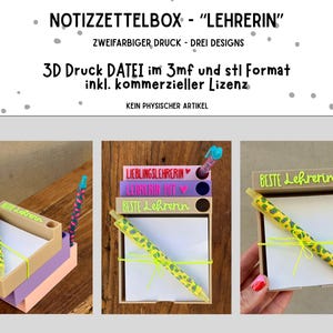 Op de afbeelding: Een notitieblokdoos met een penhouder, met de tekst "BESTE Lehrerin". De doos is gemaakt van karton en heeft een notitieblok erin. Een pen met een geel en groen patroon is inbegrepen. De doos is vastgebonden met een gele draad.