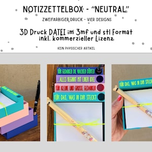 Op de afbeelding: Een stapelbare notitieblokhouder in blauw, paars en perzikkleur, met een bijpassende pen. De notitieblokhouder heeft de tekst "FÜR DAS, WAS IN DIR STECKT" en "NOTIZZETTELBOX - "NEUTRAL" erop gedrukt. De pen is versierd met een eenhoornontwerp.