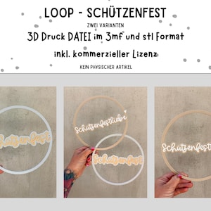 May include: Three circular decorative designs with the words "Schützenfest" and "Schützenfestliebe" in a handwritten font. The designs are in white and natural wood tones. The text "LOOP - SCHÜTZENFEST" is at the top.