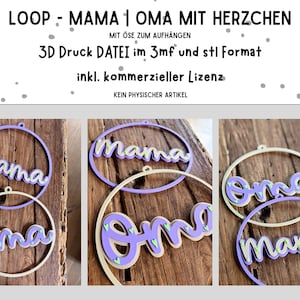 Peut inclure: L'image présente trois cercles décoratifs en bois avec les mots "Mama" et "Oma" en écriture cursive. Les cercles sont de couleur violet clair avec un accent vert clair. Le texte "LOOP - MAMA | OMA MIT HERZCHEN" est en haut.