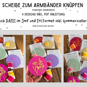 May include: A collection of Kumihimo braiding discs in various colors, including pink, purple, green, and tan. Each disc features a unique design, such as flowers or a smiley face, and comes with a spool of thread. The text on the image reads "SCHEIBE ZUM ARMBÄNDER KNÜPFEN".