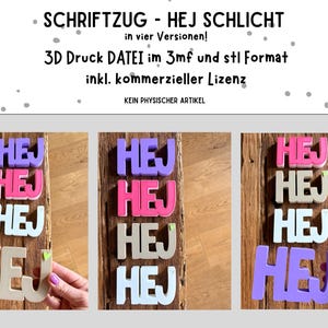 May include: The image showcases three wooden signs, each spelling "HEJ" in different color combinations: purple, pink, and beige. The signs are mounted on a rustic wooden background. The text at the top reads "SCHRIFTZUG - HEJ SCHLICHT" and other German text.
