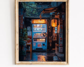 Vending Machine Alley Neon Print, Rainy Tokyo Night Japanese Street Wall Art Decor