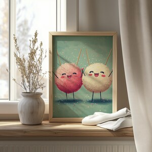 Cute digital print of whimsical takoyaki snacks for playroom — happy characters in a vibrant celebration with blushing cheeks.