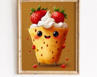 Printable Kawaii Strawberry Crepe Art - Cute Digital Wall Art, Adorable Character Illustration, Whimsical Kids Decor, Instant Download 481