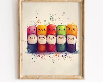 Kawaii Sushi Roll Watercolor Print - Cute Rainbow Characters, Playful Nursery Wall Art, Cheerful Kid's Room Decor, Digital Download 457