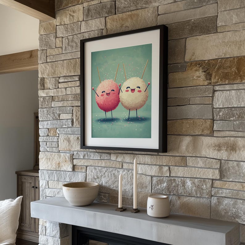 Playful kawaii snacks poster for family room — charming dancing takoyaki with a festive spirit, perfect for warmth and fun.