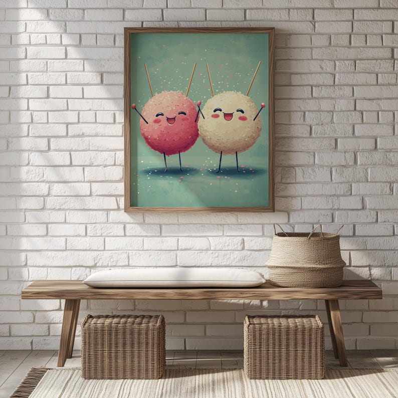 Adorable poster showcasing dancing takoyaki characters for kid's art gallery — vibrant and cute design adds cheerful charm.