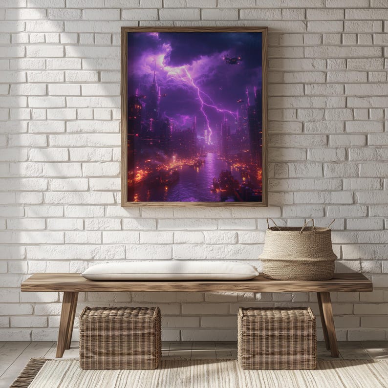 Storm Harbor Lightning Night Poster, Dark Neon River Cyberpunk Sci-fi ...