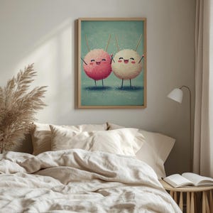 Kawaii takoyaki characters poster for nursery — playful dancing snacks in soft pastels, perfect for cheerful kids' art.