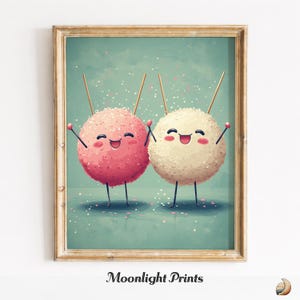 Cheerful artwork of kawaii takoyaki snacks for play area — illustrated characters celebrating, brightening up any kid-friendly space.