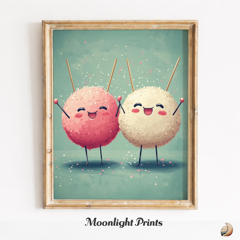 Cheerful artwork of kawaii takoyaki snacks for play area — illustrated characters celebrating, brightening up any kid-friendly space.