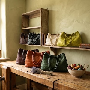 May include: A collection of woven tote bags in various colors including dark brown, black, cream, lime green, orange, and forest green, displayed on wooden shelves and a workbench alongside a bowl of thread spools and dried lavender.