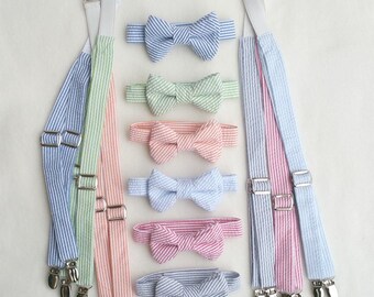 Bow Tie Suspenders, Seersucker, Suspenders Tie, Ring Bearer, Braces Bow Tie, Baby Boy Clothes, Toddler Tie Suspenders, Suspender Set