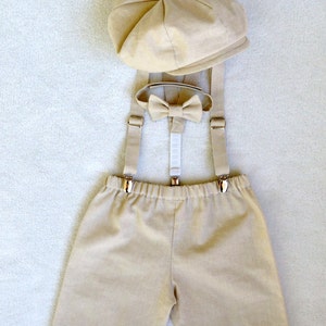 Ring Bearer Outfit Rustic, Beach Wedding, Newsboy Hats, Baby Boy, Shorts Suspenders Hat, Suspender Shorts, Linen Suspender Outfit, Page Boy image 2