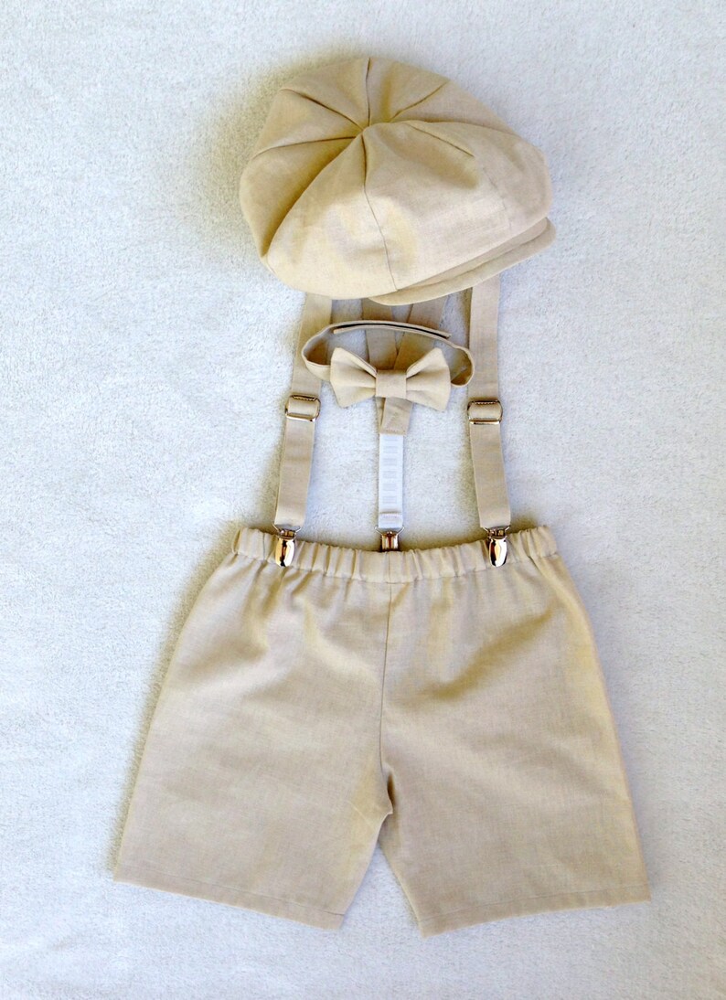 Ring Bearer Outfit Rustic, Beach Wedding, Newsboy Hats, Baby Boy, Shorts Suspenders Hat, Suspender Shorts, Linen Suspender Outfit, Page Boy image 2