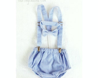 Blue Cake Smash Outfit Boy First Birthday Set with Diaper Cover, Bow Tie, and Suspenders in Navy and White Striped Classic Seersucker