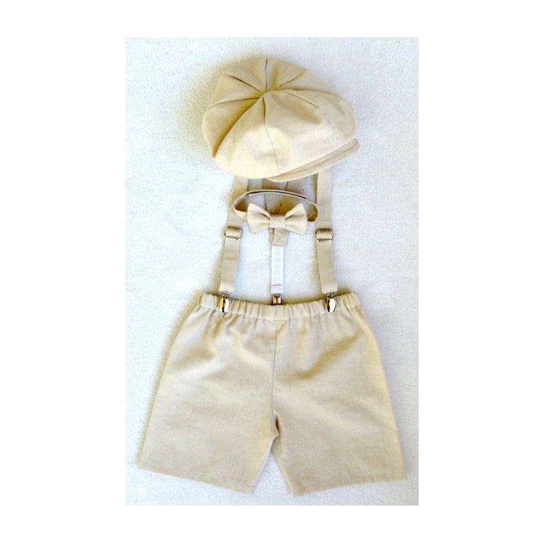 Ring Bearer Outfit Rustic, Beach Wedding, Newsboy Hats, Baby Boy, Shorts Suspenders Hat, Suspender Shorts, Linen Suspender Outfit, Page Boy image 1