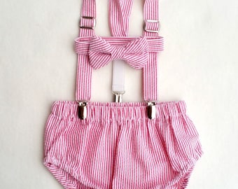 Smash Cake Outfit, Red Boys Outfit, Seersucker Baby Outfit, Baby Boy, Infant Boy Outfit, Picture Outfit, Nappy Cover Set, Braces Tie Set