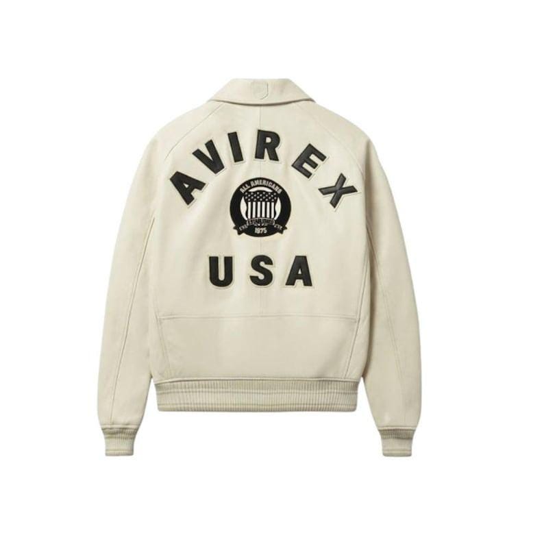Back view of Avirex Jacket Men leather varsity style jacket featuring large “AVIREX USA” lettering and embroidered All Americans crest logo on the back. This bold Men Avirex Jackets design includes ribbed white striped cuffs and hem, premium leather construction, and classic bomber fit inspired by Avirex heritage style.