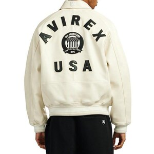 Back view of Avirex Jacket Men leather varsity style jacket featuring large “AVIREX USA” lettering and embroidered All Americans crest logo on the back. This bold Men Avirex Jackets design includes ribbed white striped cuffs and hem, premium leather construction, and classic bomber fit inspired by Avirex heritage style.