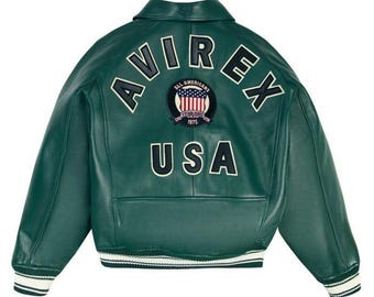Mens Avirex Icon Leather Bomber Jacket - Genuine Cowhide Motorcycle Biker Riding Coat