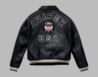 Mens Avirex Icon Leather Bomber Jacket - Genuine Lambskin Motorcycle Biker Riding Coat