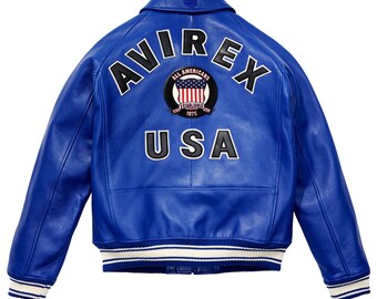Mens Avirex Blue Icon Leather Bomber Jacket - Genuine Cowhide Motorcycle Biker Riding Coat