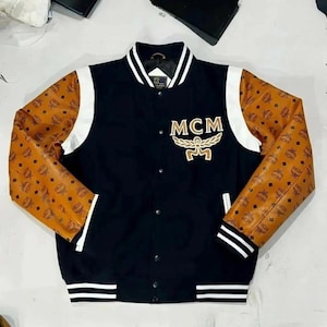 New Handmade MCM Black Varsity Jacket Genuine Leather Baseball Bomber Jacket