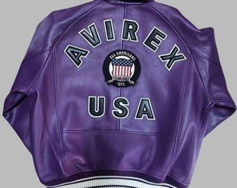 Herren Avirex Purple Icon Leder Bomberjacke - Echtes Rindsleder Motorrad-Biker-Reitmantel