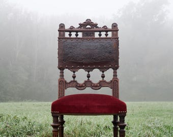 Antique Renaissance Revival Chair No. 1 – Carved Wood, Embossed Leather & Red Velvet – The Twin Chairs of Netherwoods