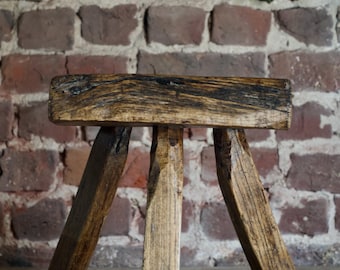 Antique Dutch Milking Stool c.1900 – Primitive Brutalist 3 Leg Wooden Farmhouse Stool – The Milkmaid’s Three Marks