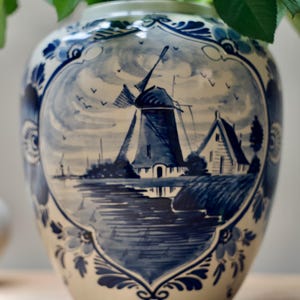 Hand-Painted Delft Style Vase — Signed Belgian Artist Julien De Wever — Windmill Landscape — Vintage Blue White Pottery