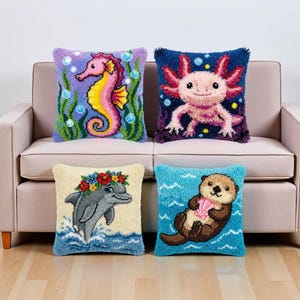 Kawaii Axolotl Latch Hook Pillow Kit Sea Otter Dolphin Seahorse Kids Craft Gift