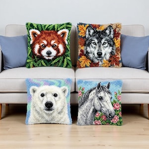 Woodland Wolf Latch Hook Cushion Kit Red Panda Horse Polar Bear Adult DIY Rug