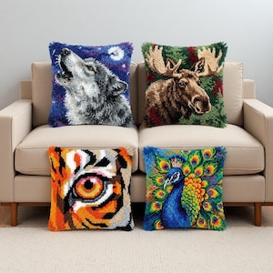 Vibrant Peacock DIY Latch Hook Kit Tiger Eye Moose Wolf Room Pillow Art Craft