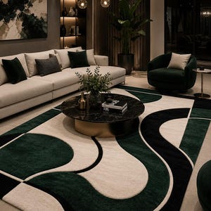 May include: A large area rug featuring a bold, abstract pattern of sweeping curves in deep forest green and cream white. The rug has a thick, textured pile and covers a significant portion of the floor, grounding the living room furniture arrangement.