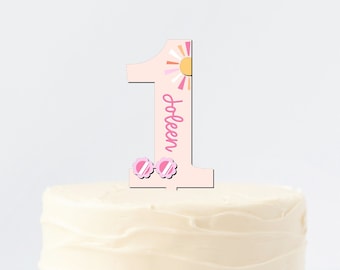 Personalized First Birthday Cake Topper, One in the Sun, Pink Sunglasses