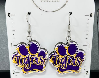 Purple and Gold Earrings, Game Day Earrings, School Mascot Earrings, Team Earrings