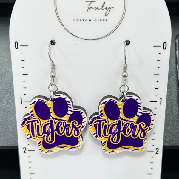 Purple and Gold Earrings, Game Day Earrings, School Mascot Earrings, Team Earrings