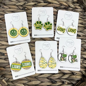 Green and gold Earrings, Game Day Earrings, School Mascot Earrings, Team Earrings, Lion Earrings