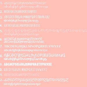 May include: A pink background with 12 rows of white text. Each row has a number followed by the alphabet in uppercase and lowercase letters. The letters are in different fonts and styles.