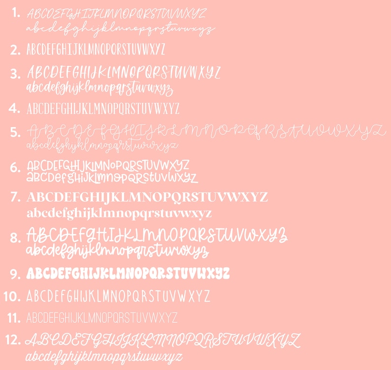 May include: A pink background with 12 rows of white text. Each row has a number followed by the alphabet in uppercase and lowercase letters. The letters are in different fonts and styles.